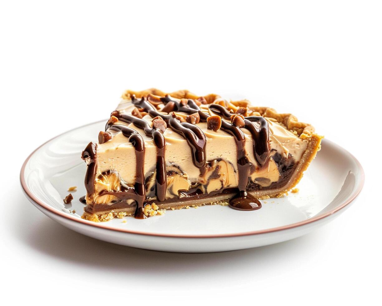 a slice of peanut butter pie with chocolate drizzle photo