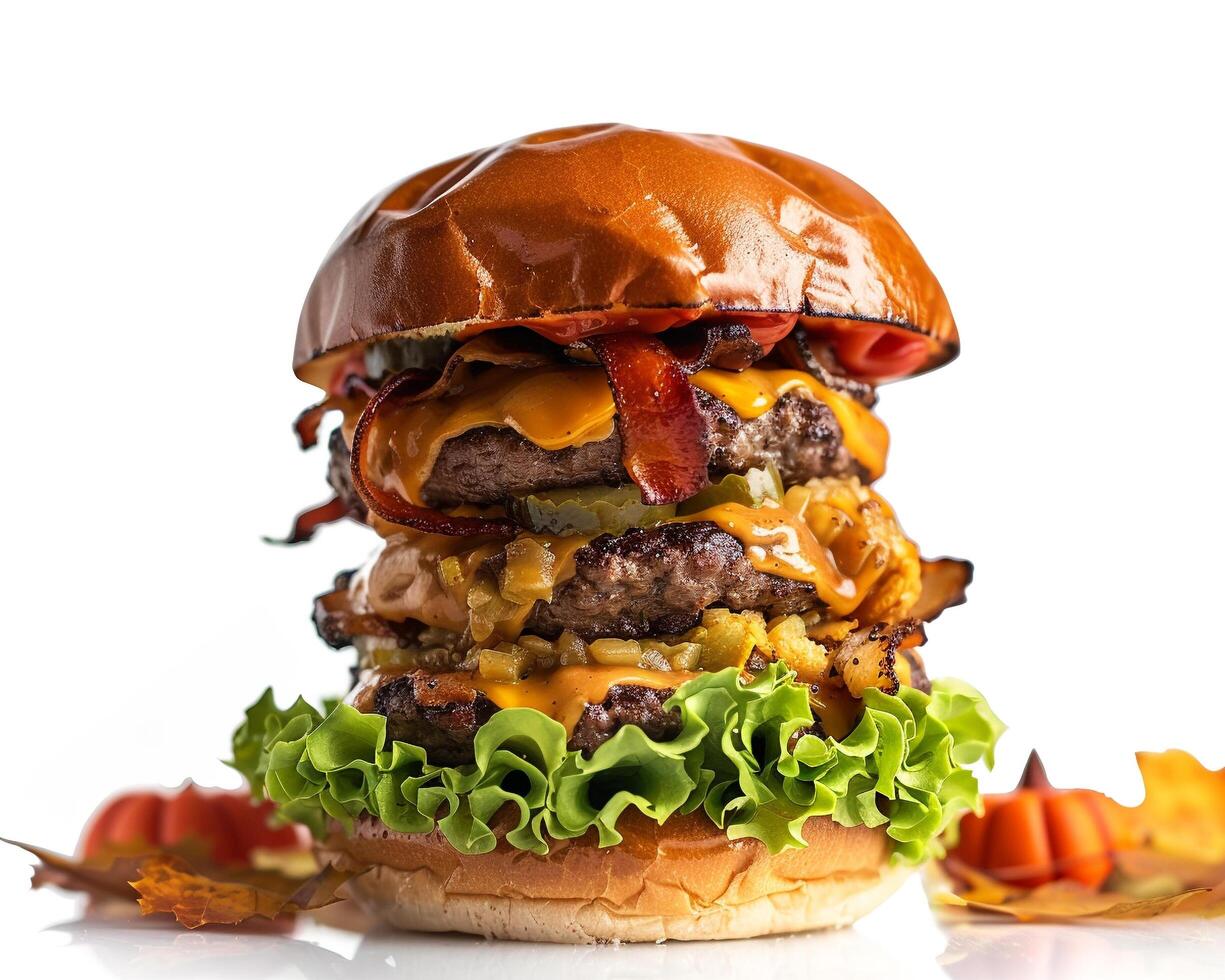 a large hamburger with cheese, bacon and lettuce photo
