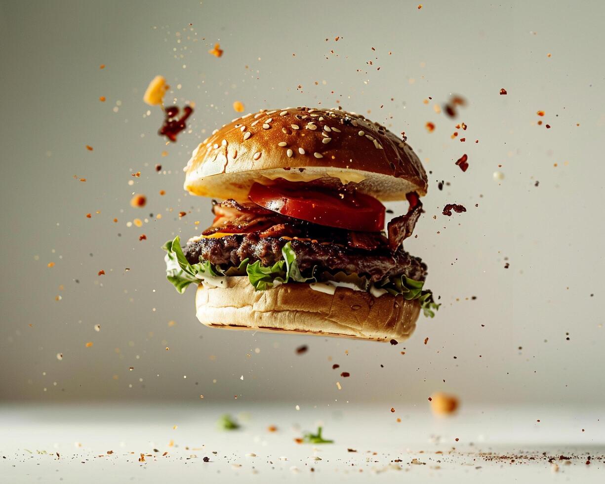 a hamburger is being thrown into the air photo
