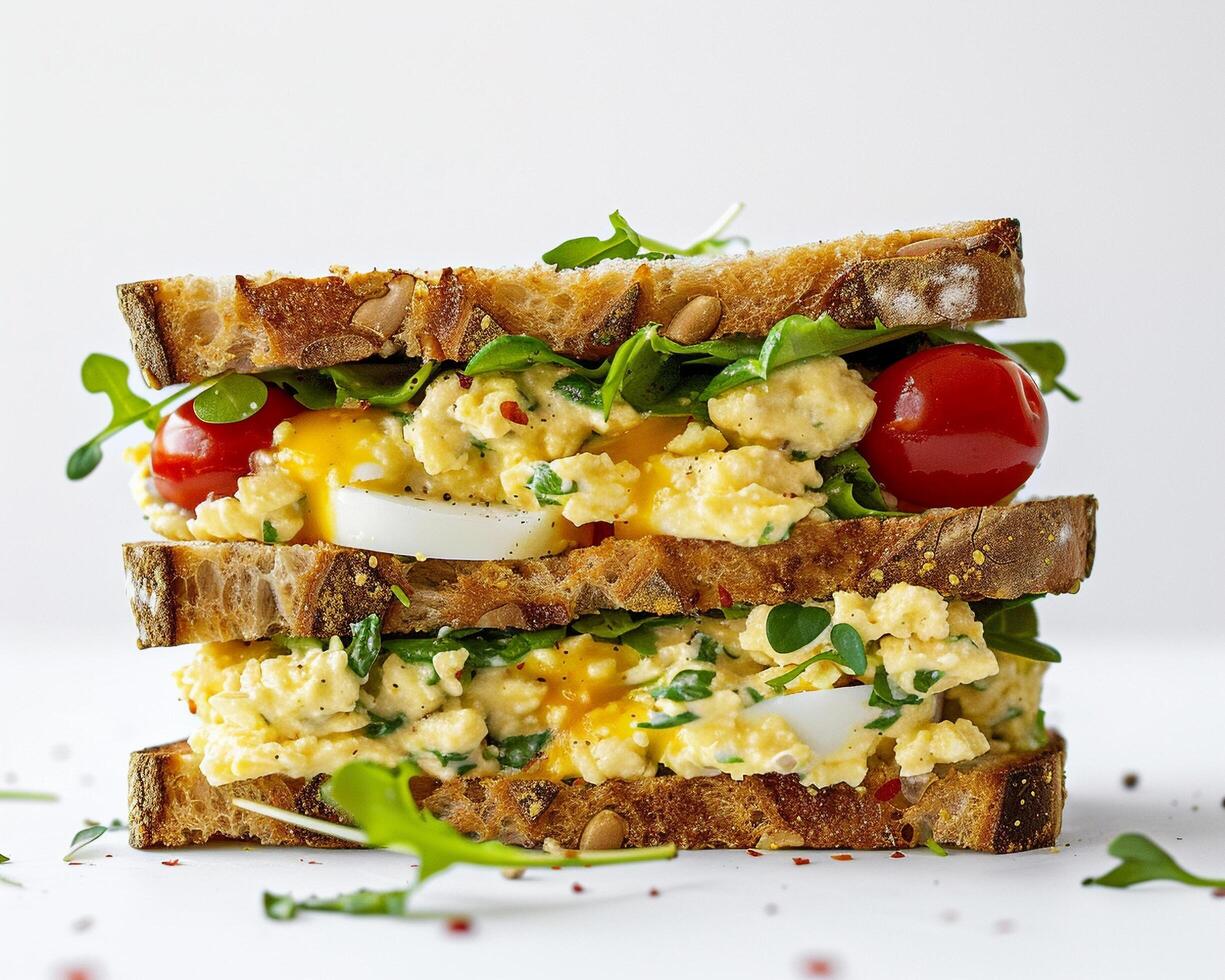 a sandwich with eggs, tomatoes and greens photo