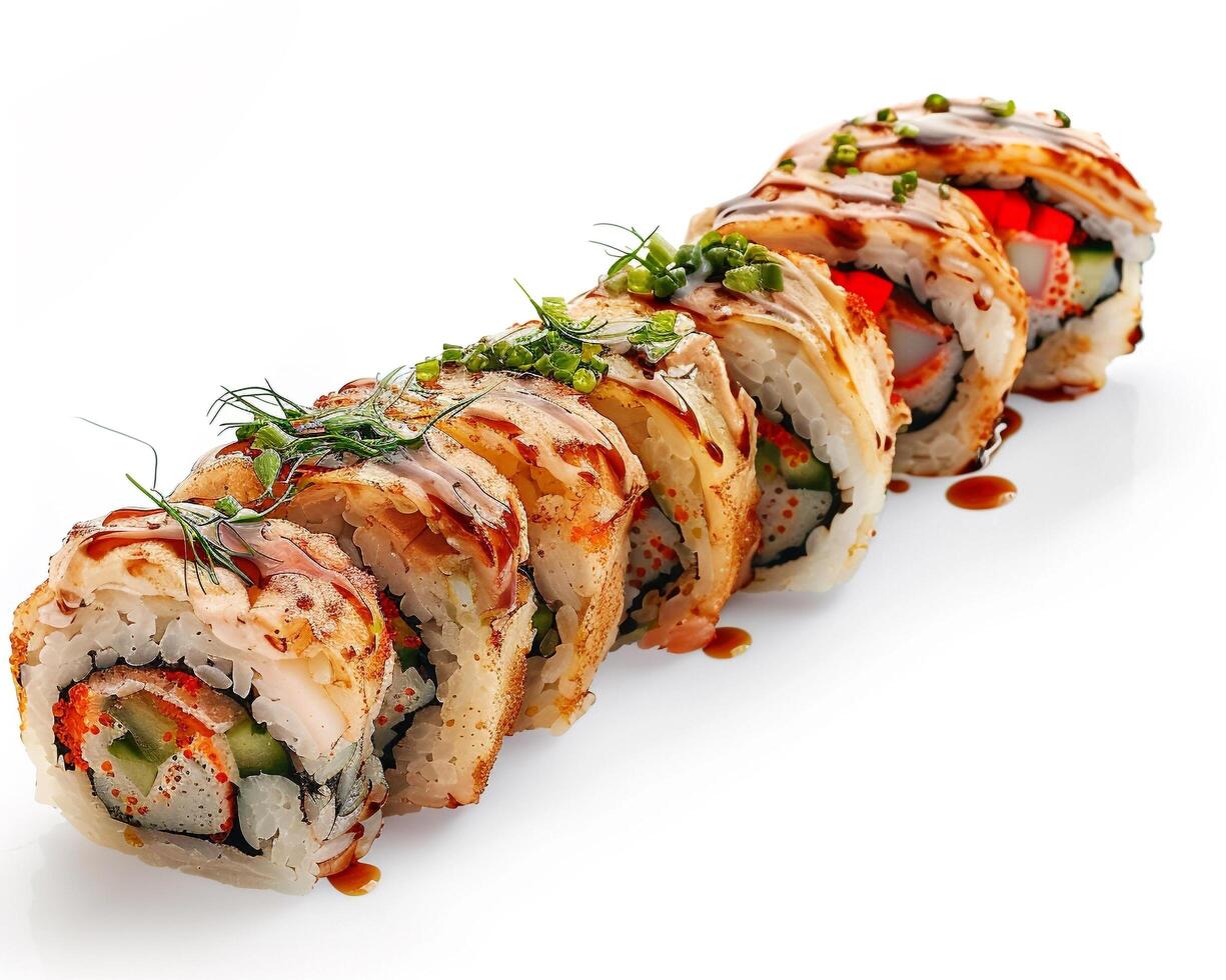 a long sushi roll with vegetables and sauce photo