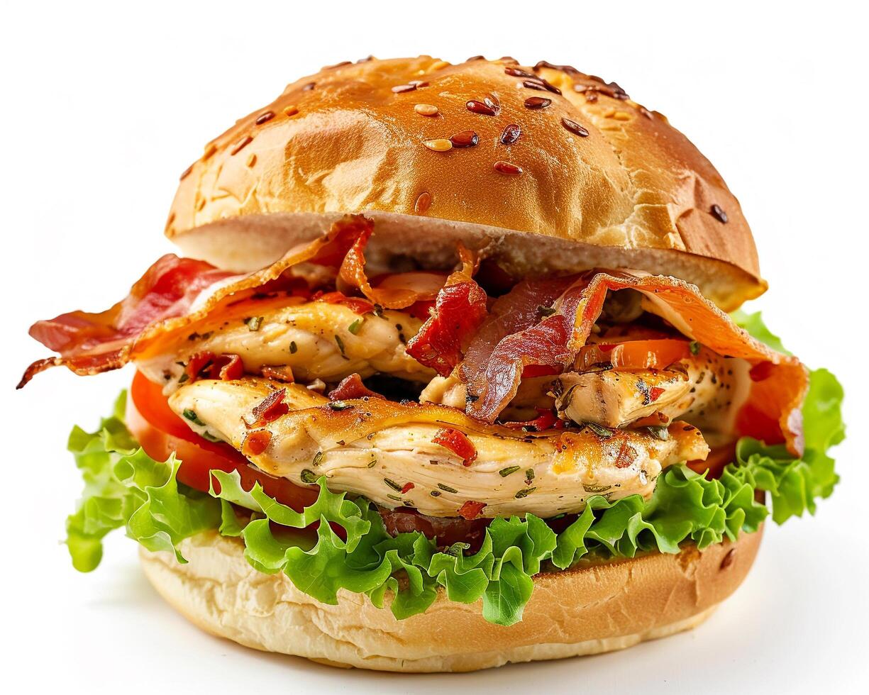 a chicken sandwich with lettuce, tomatoes and bacon photo