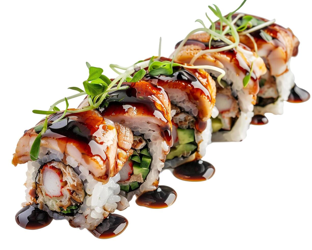 a sushi roll with sauce and vegetables photo