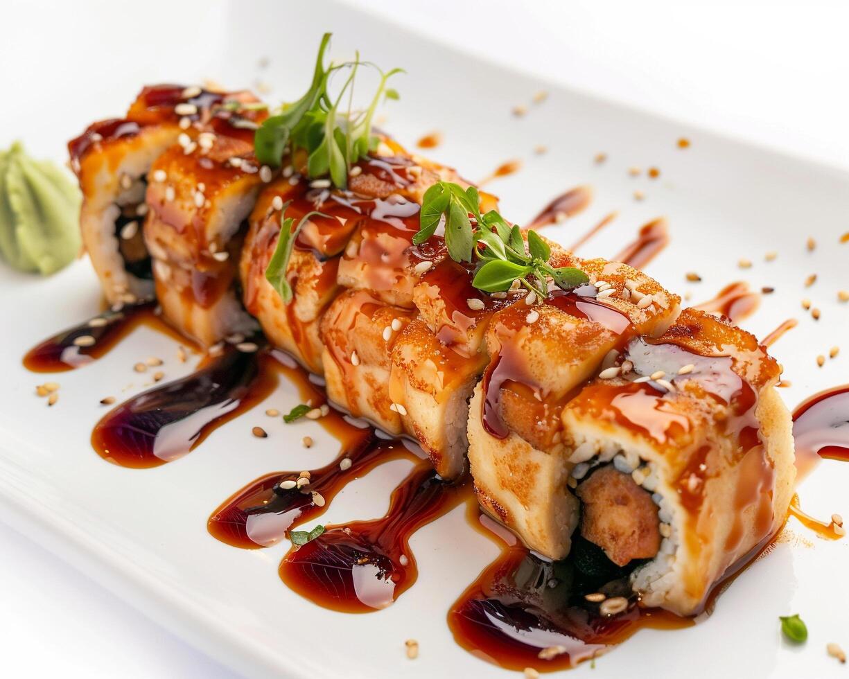 a sushi roll with sauce and garnish photo
