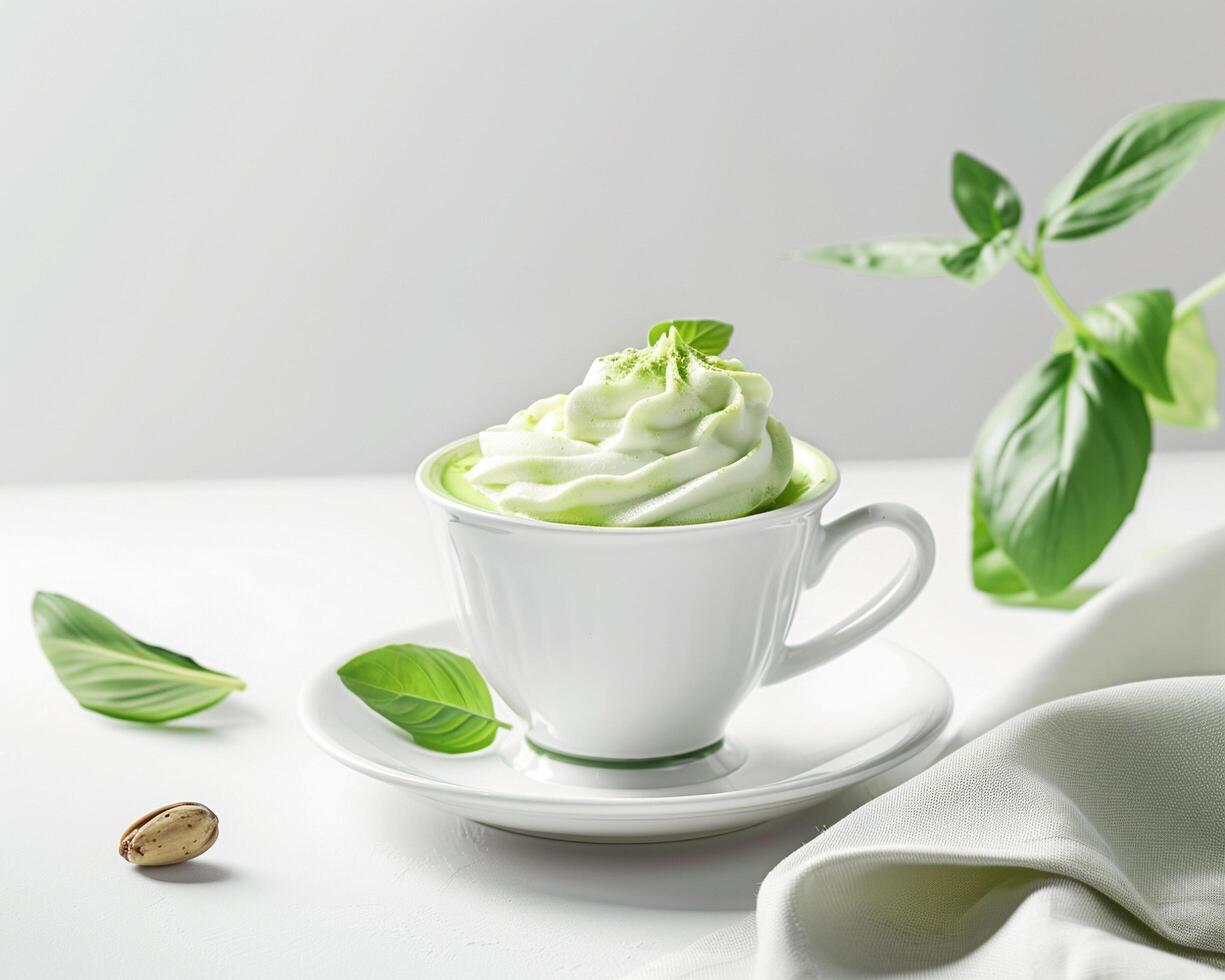 green tea latte with basil leaves and pistachio nuts on white background photo