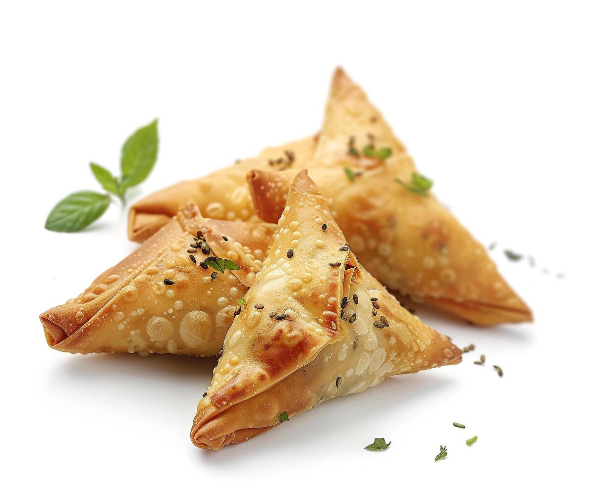 three small triangles of food with herbs on a white background photo