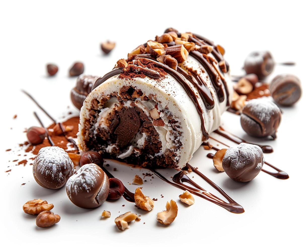 a chocolate roll with nuts and chocolate drizzle photo
