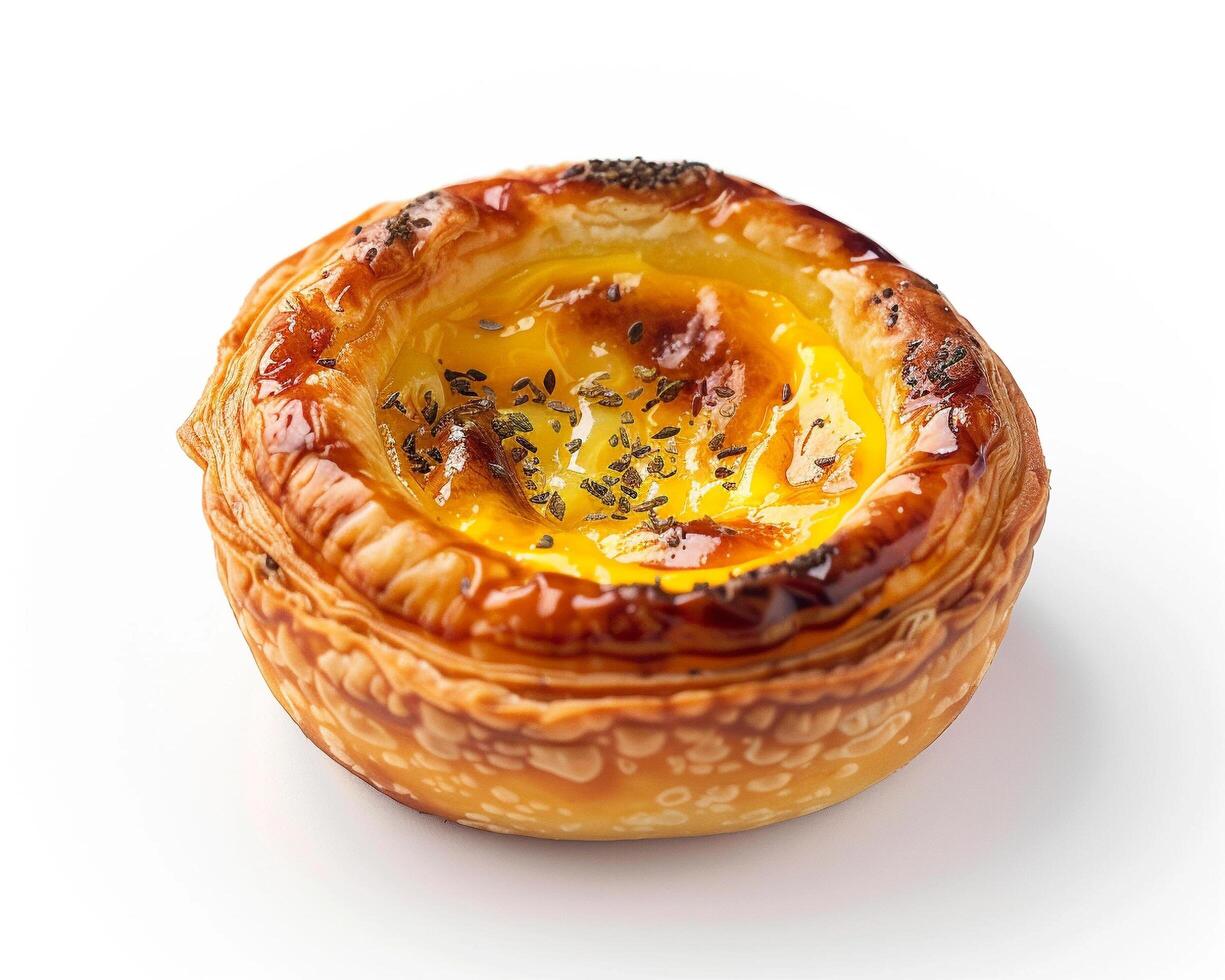 a pastry with an egg inside on a white background photo