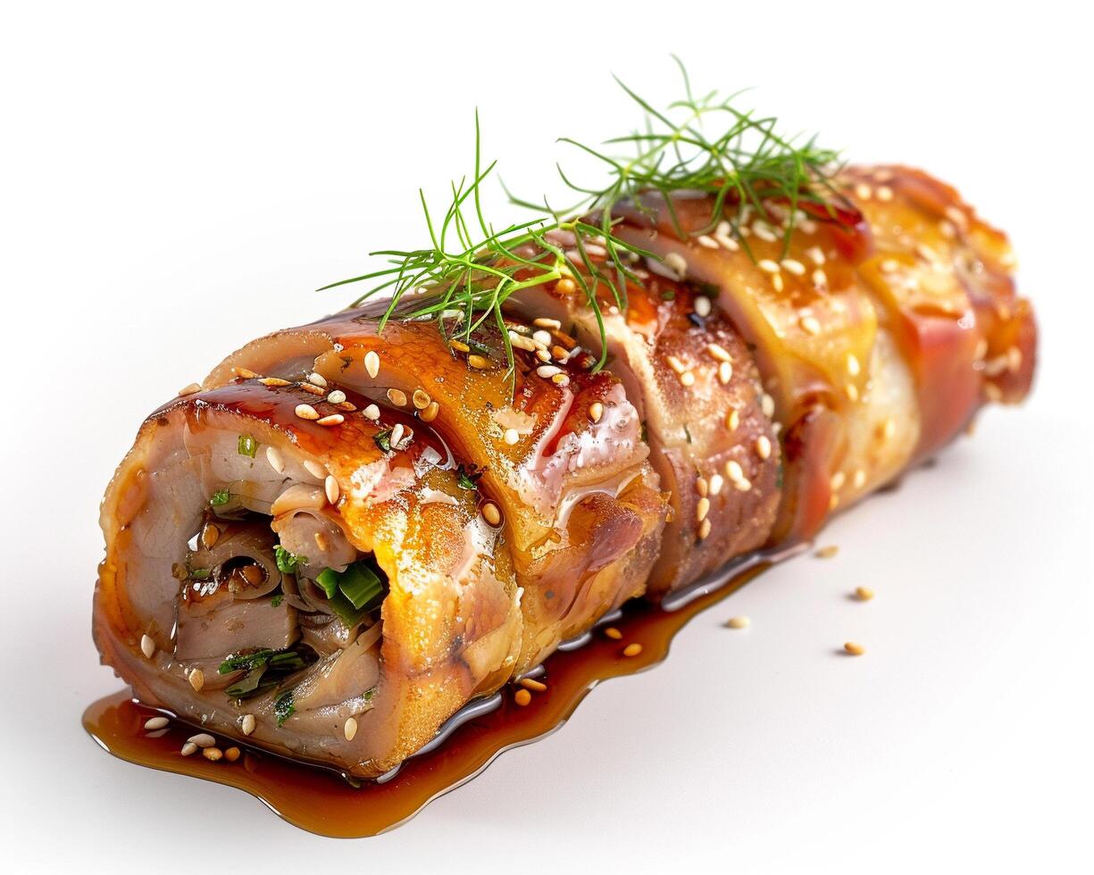 a roll of meat with sesame seeds and sauce photo