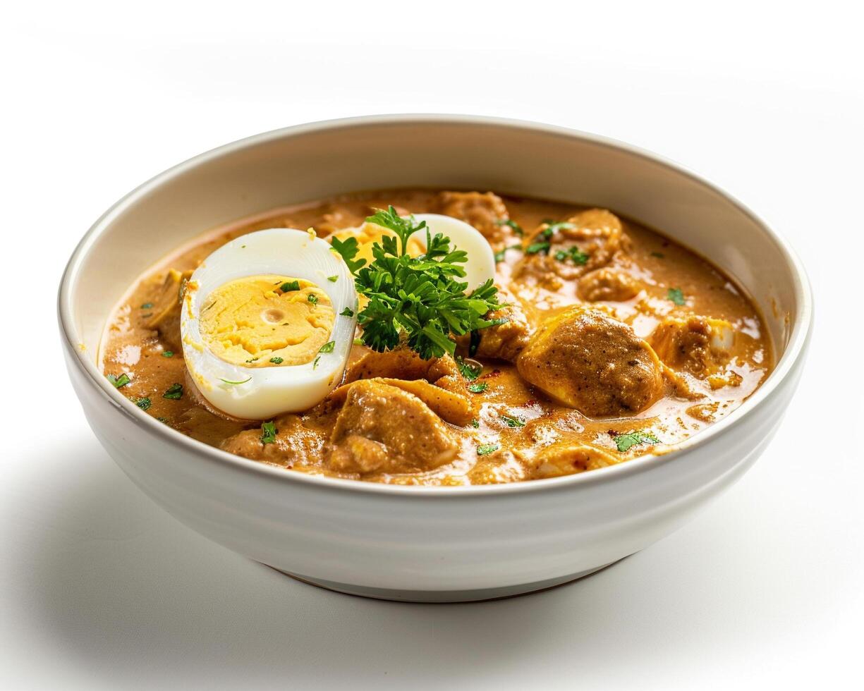 a bowl of curry with an egg and parsley photo