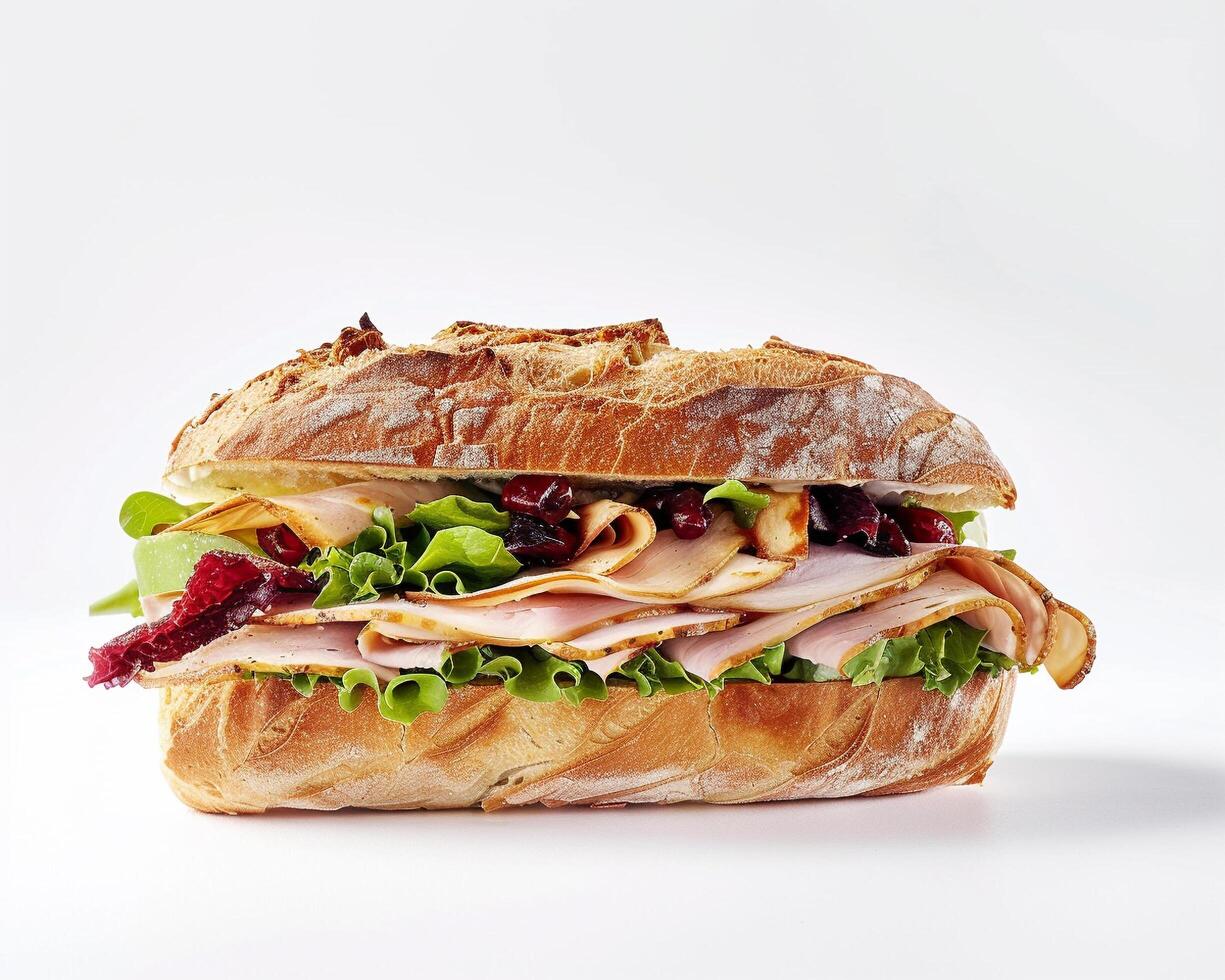 a turkey sandwich with lettuce and other vegetables photo