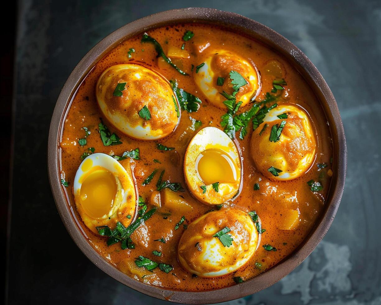 a bowl of curry with eggs and herbs photo