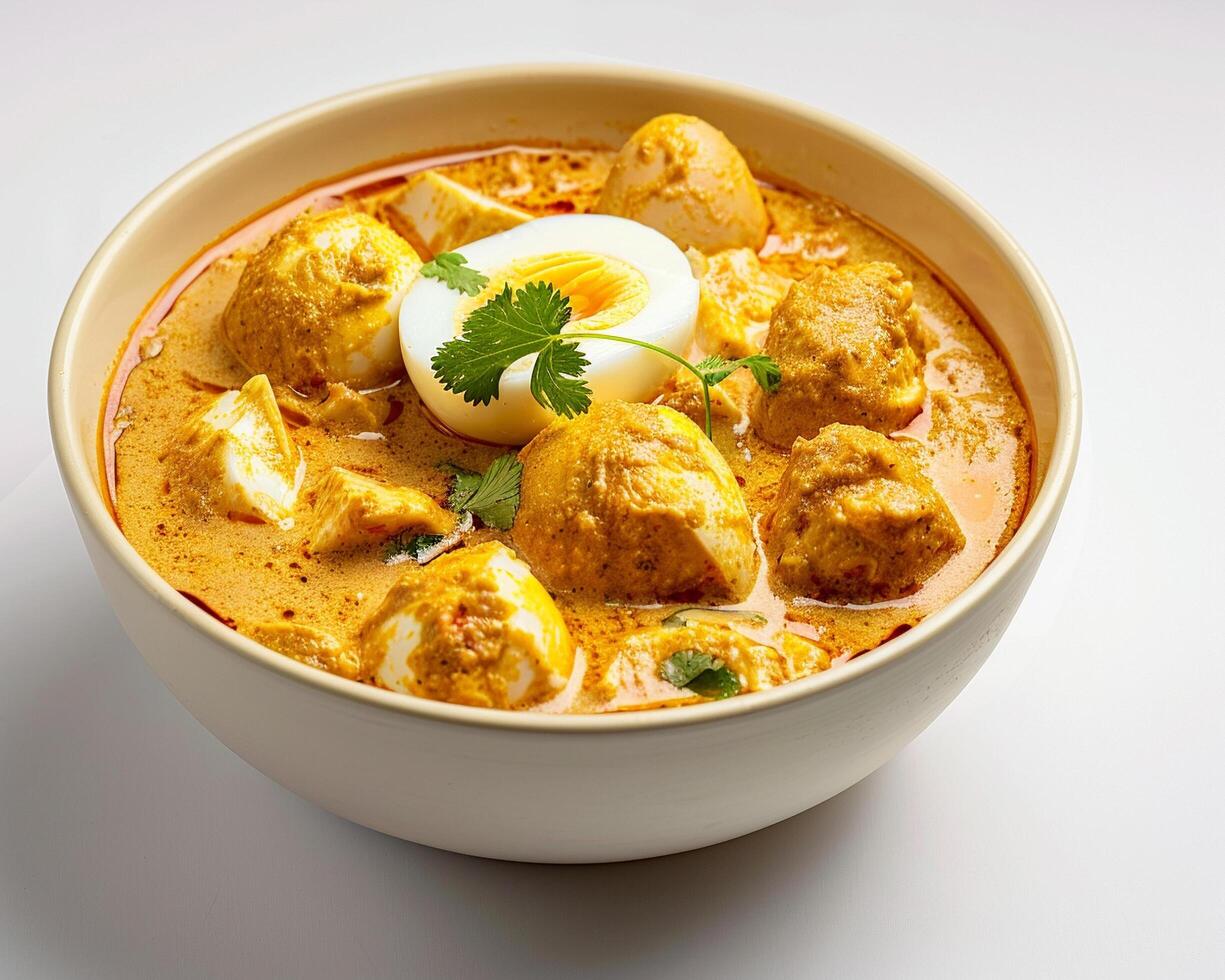 a bowl of curry with an egg and cilantro photo