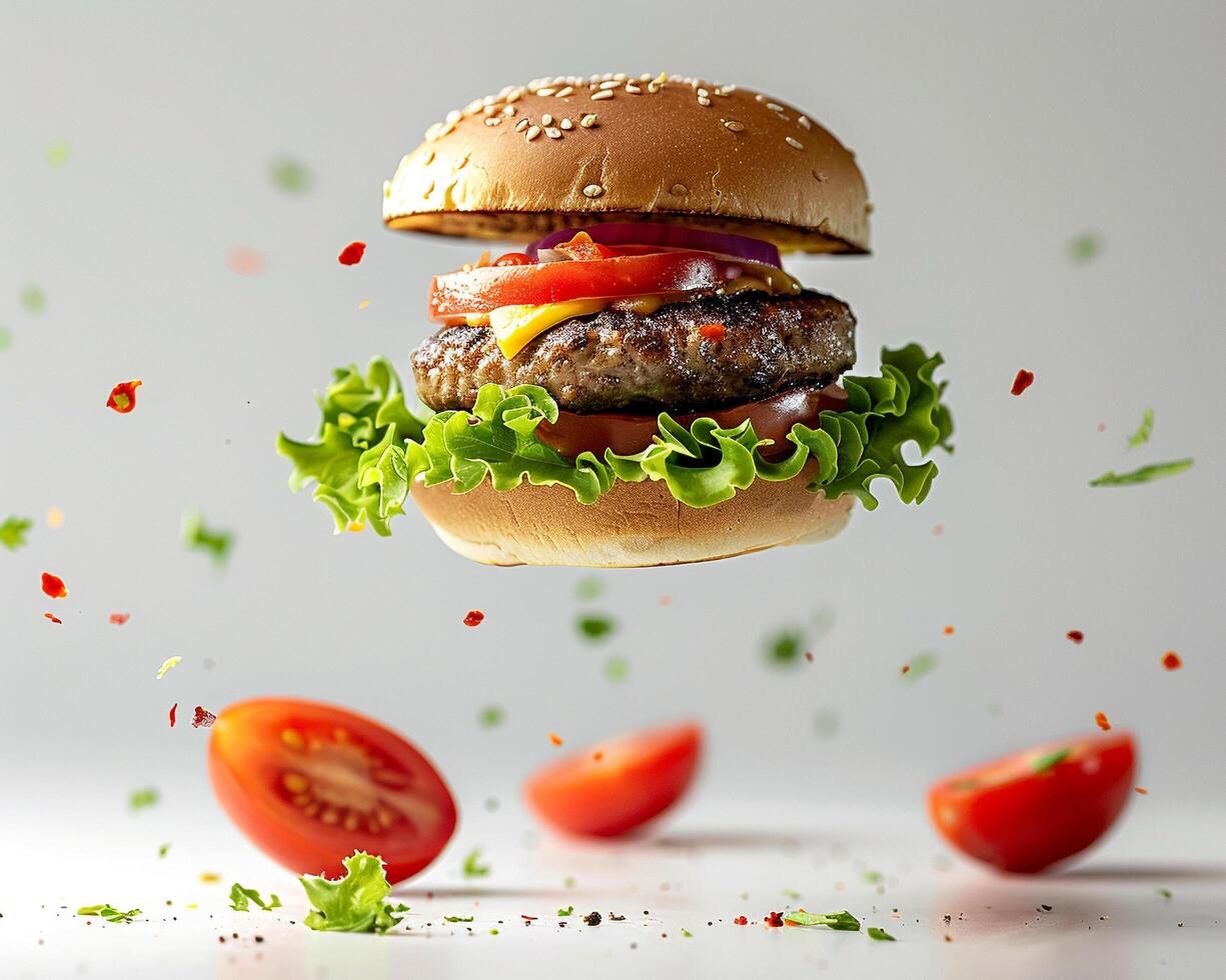 a hamburger is flying in the air with tomatoes and lettuce photo