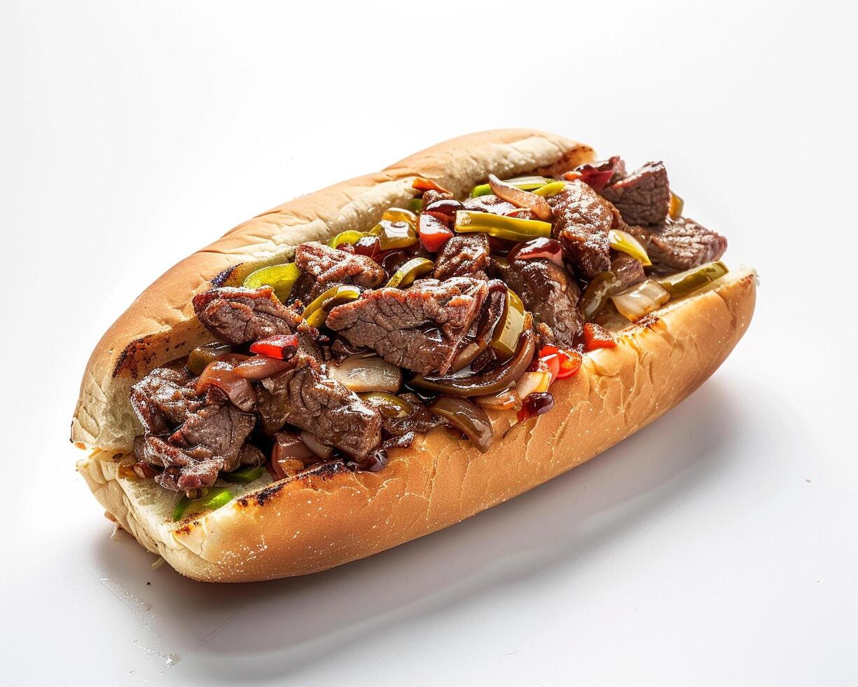 a beef sandwich with peppers and onions photo