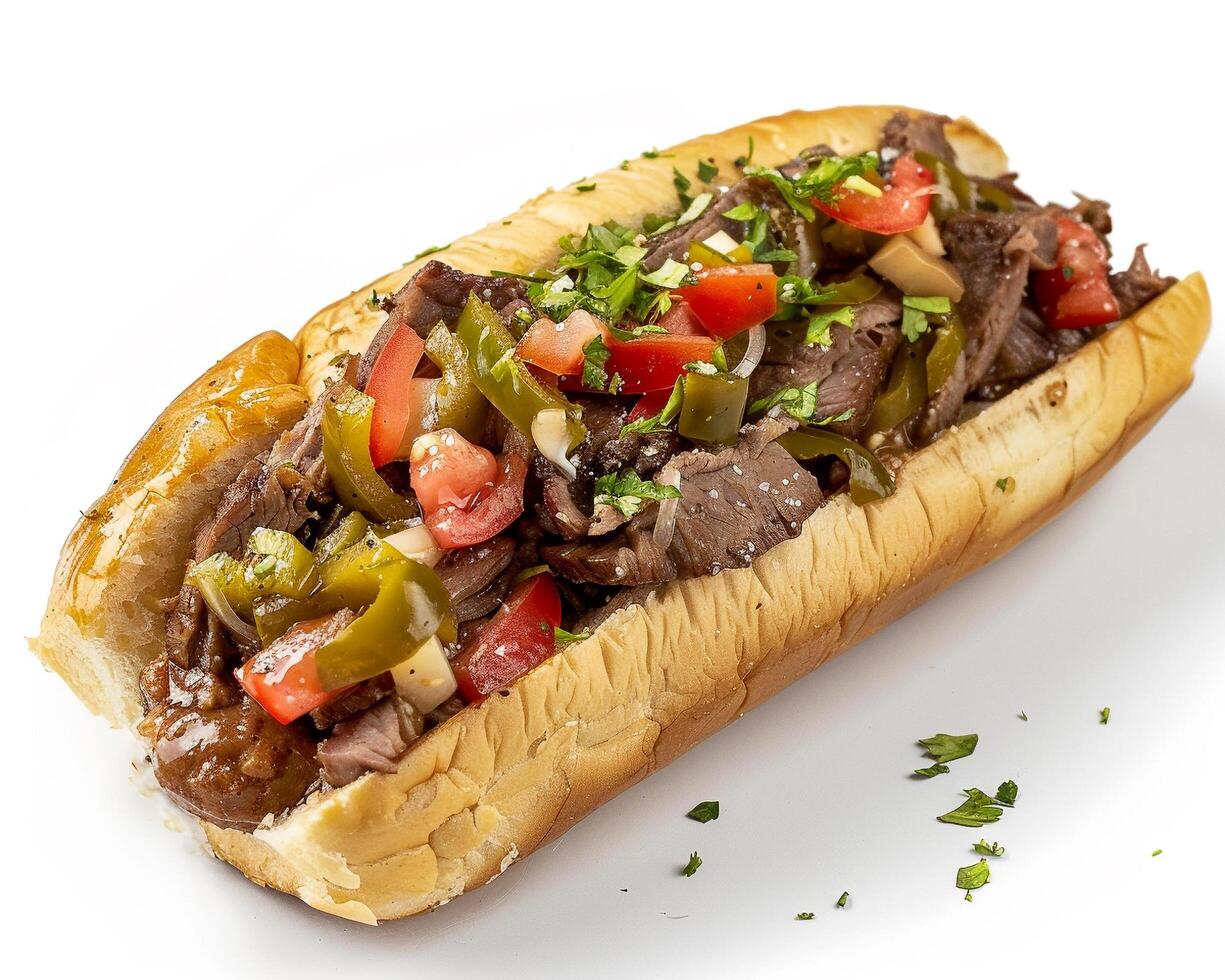 a beef sandwich with peppers and onions on a white background photo