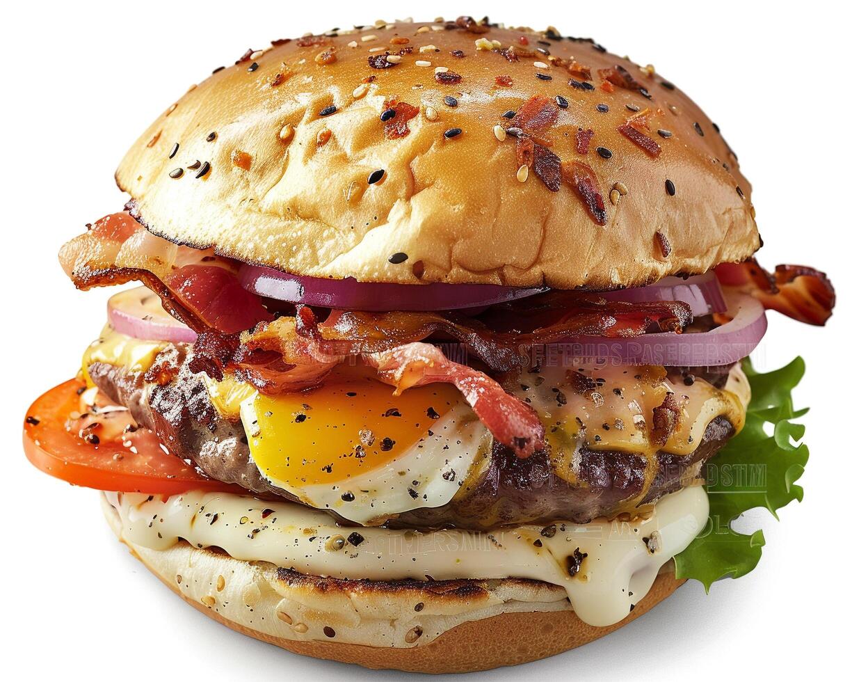 a large hamburger with bacon, cheese, and an egg photo
