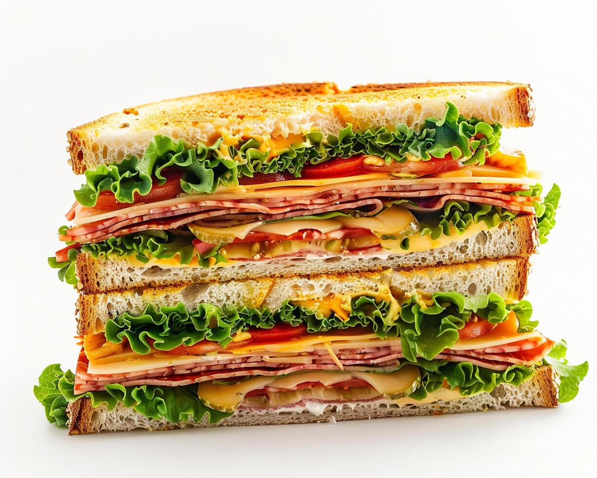 a sandwich with cheese, ham, lettuce, tomato and cheese photo