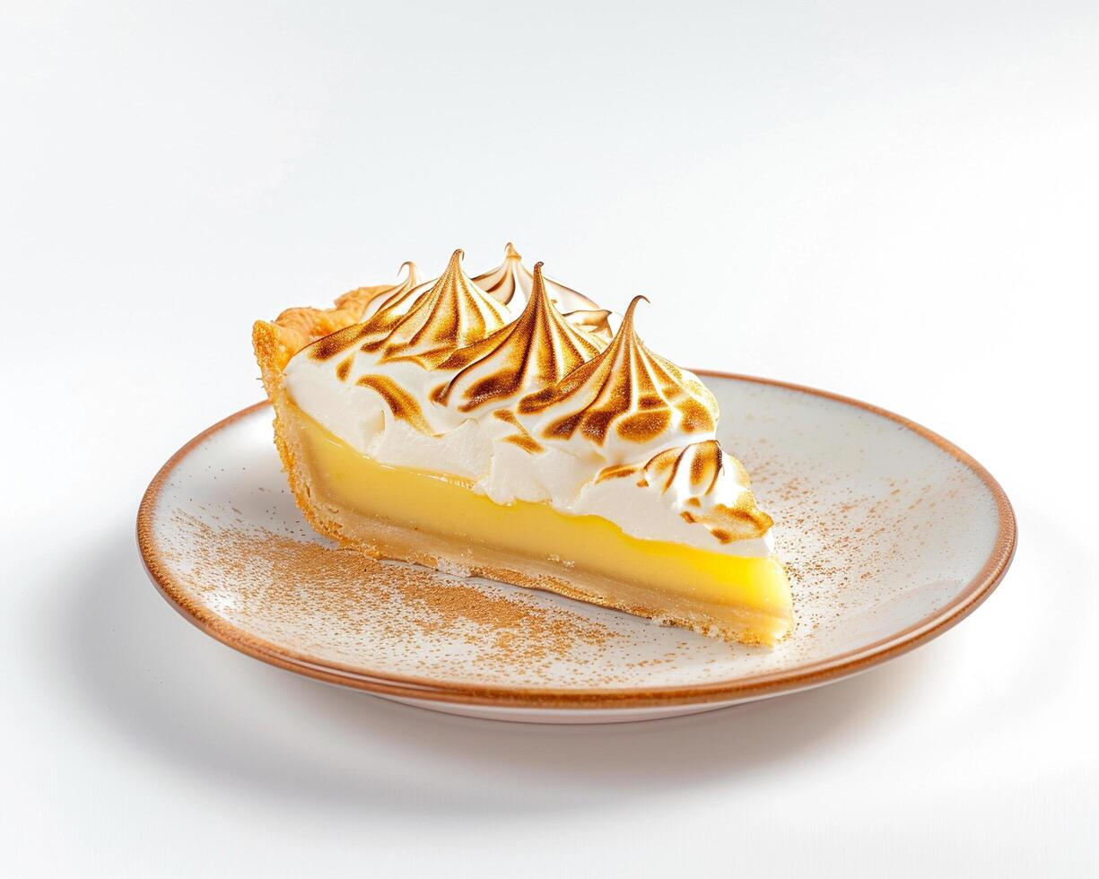 a slice of lemon meringue pie on a white plate photo