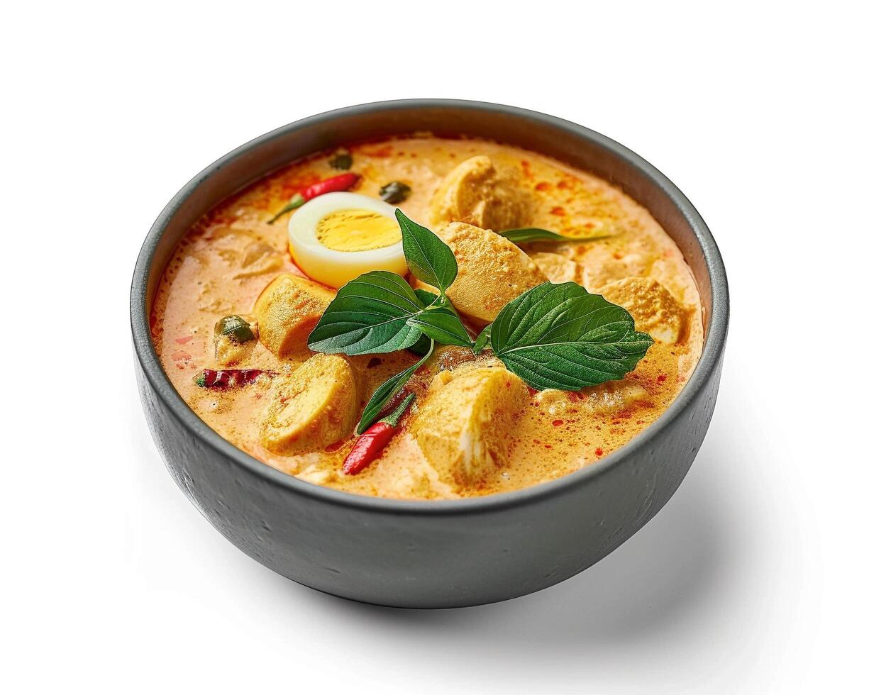 a bowl of curry with chicken and eggs photo