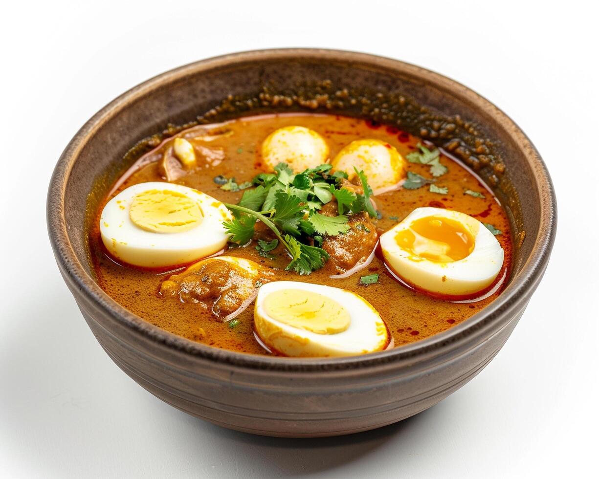 a bowl of curry with eggs and meat in it photo