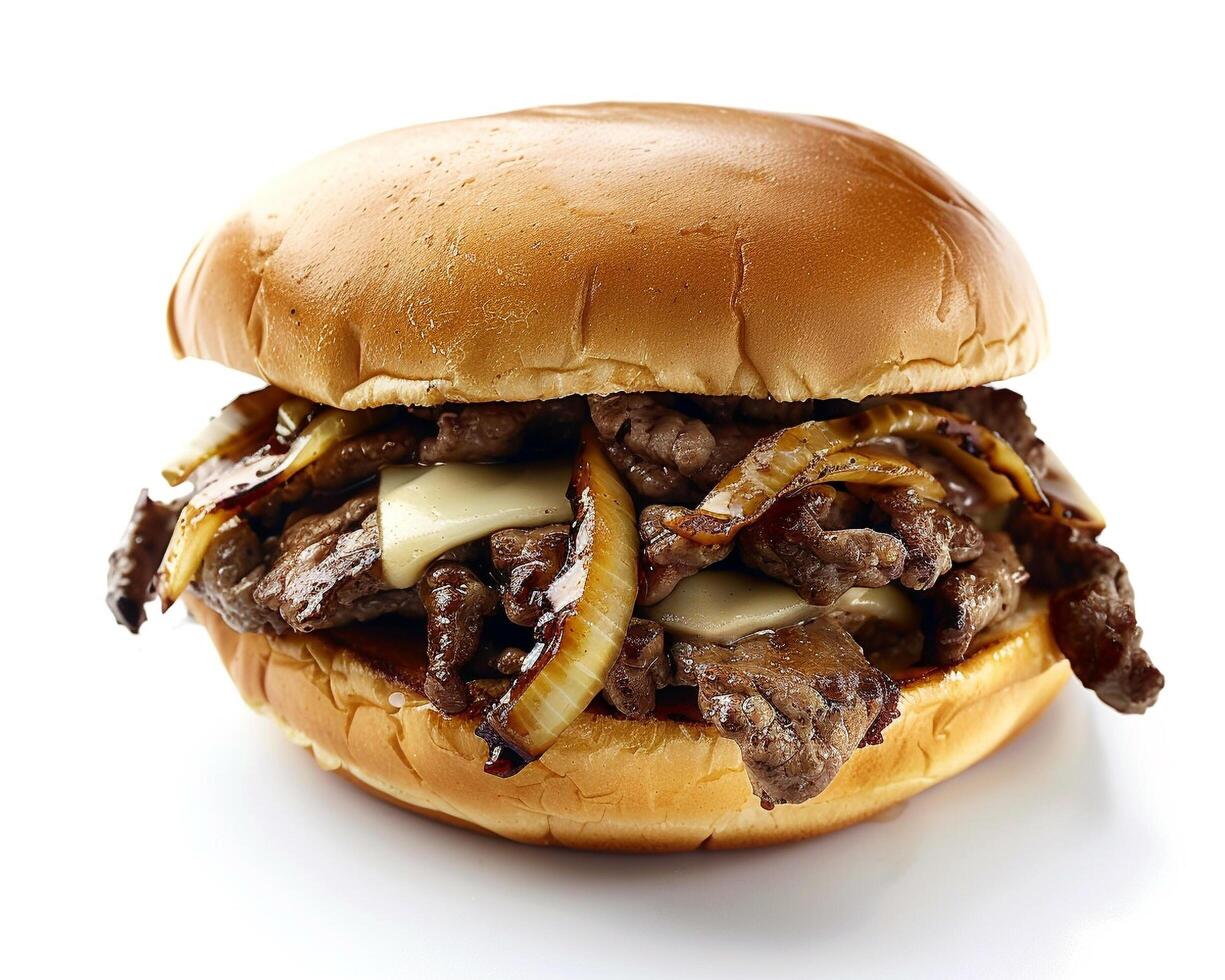 a beef and onion sandwich on a white surface photo