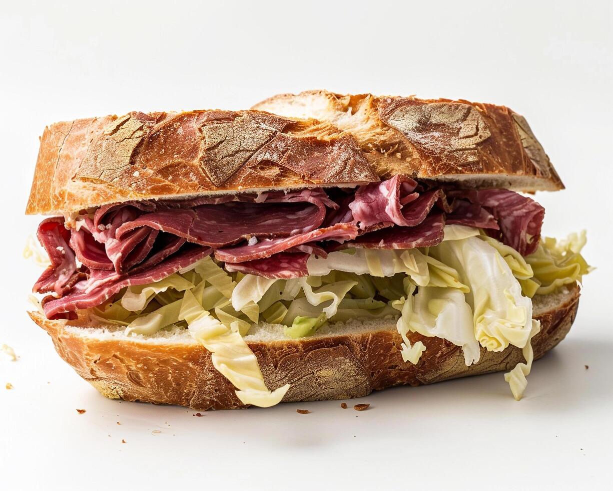 a sandwich with meat and cabbage on a white surface photo