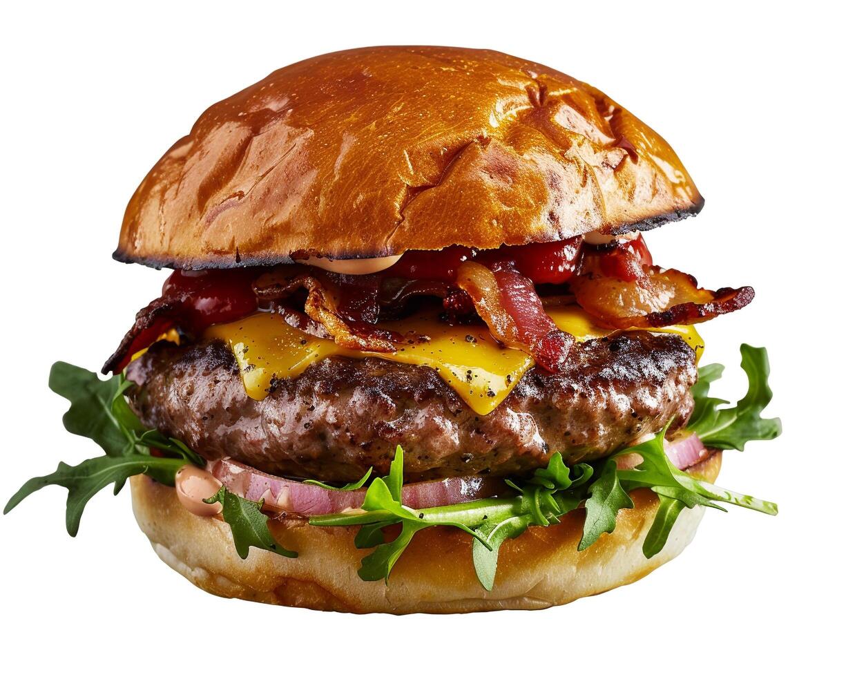a hamburger with bacon, lettuce and cheese photo