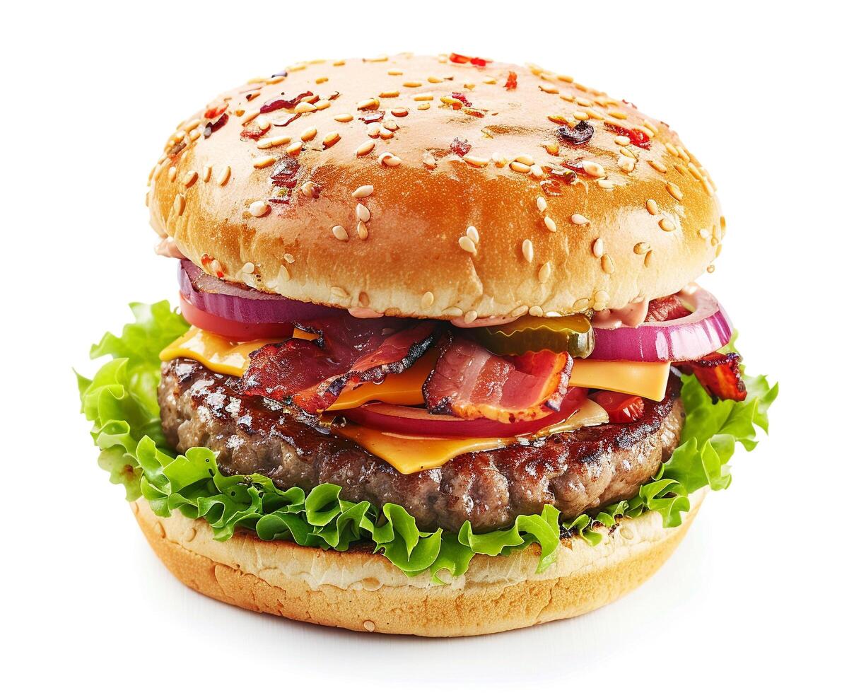 a hamburger with bacon, lettuce, and cheese photo
