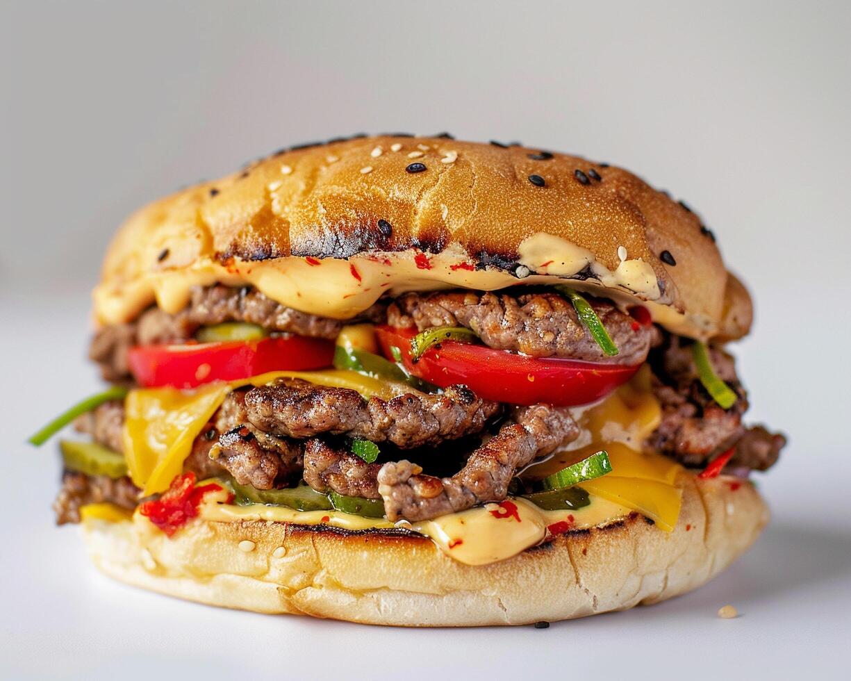 a large burger with cheese and peppers photo