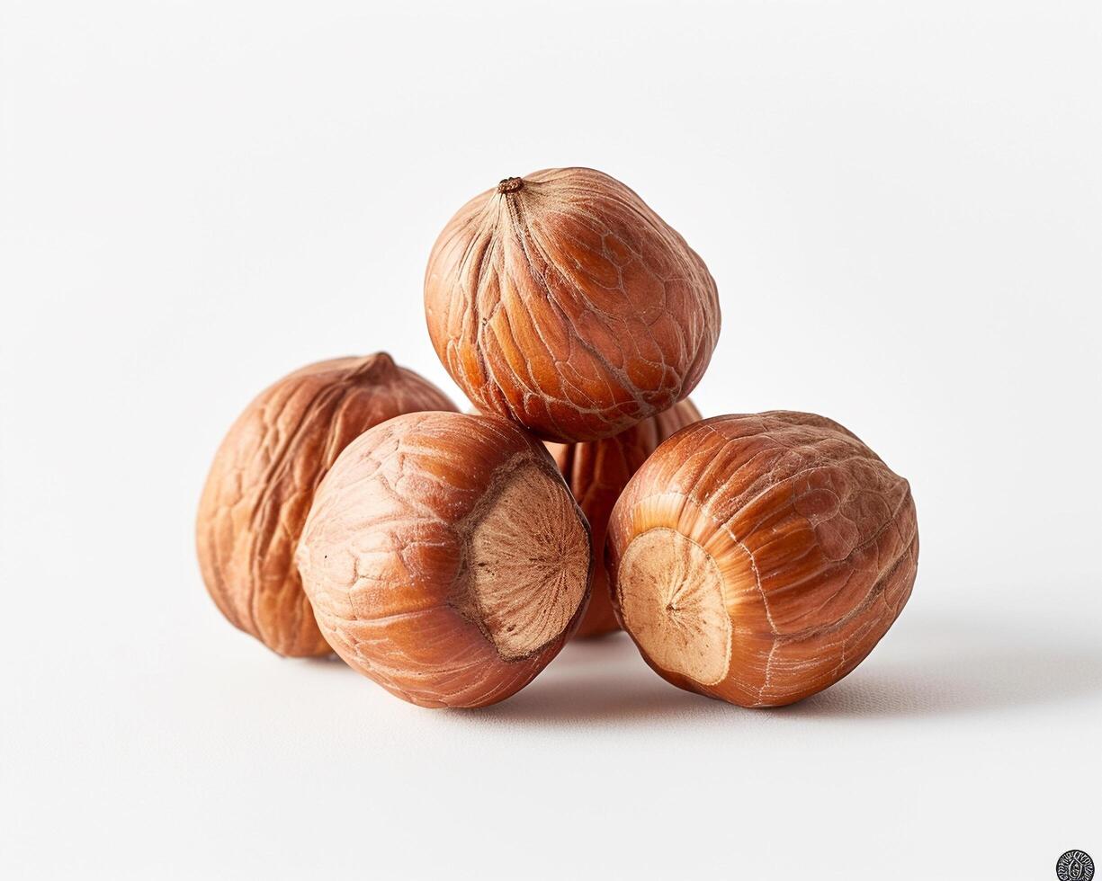 a group of hazelnuts on a white background photo