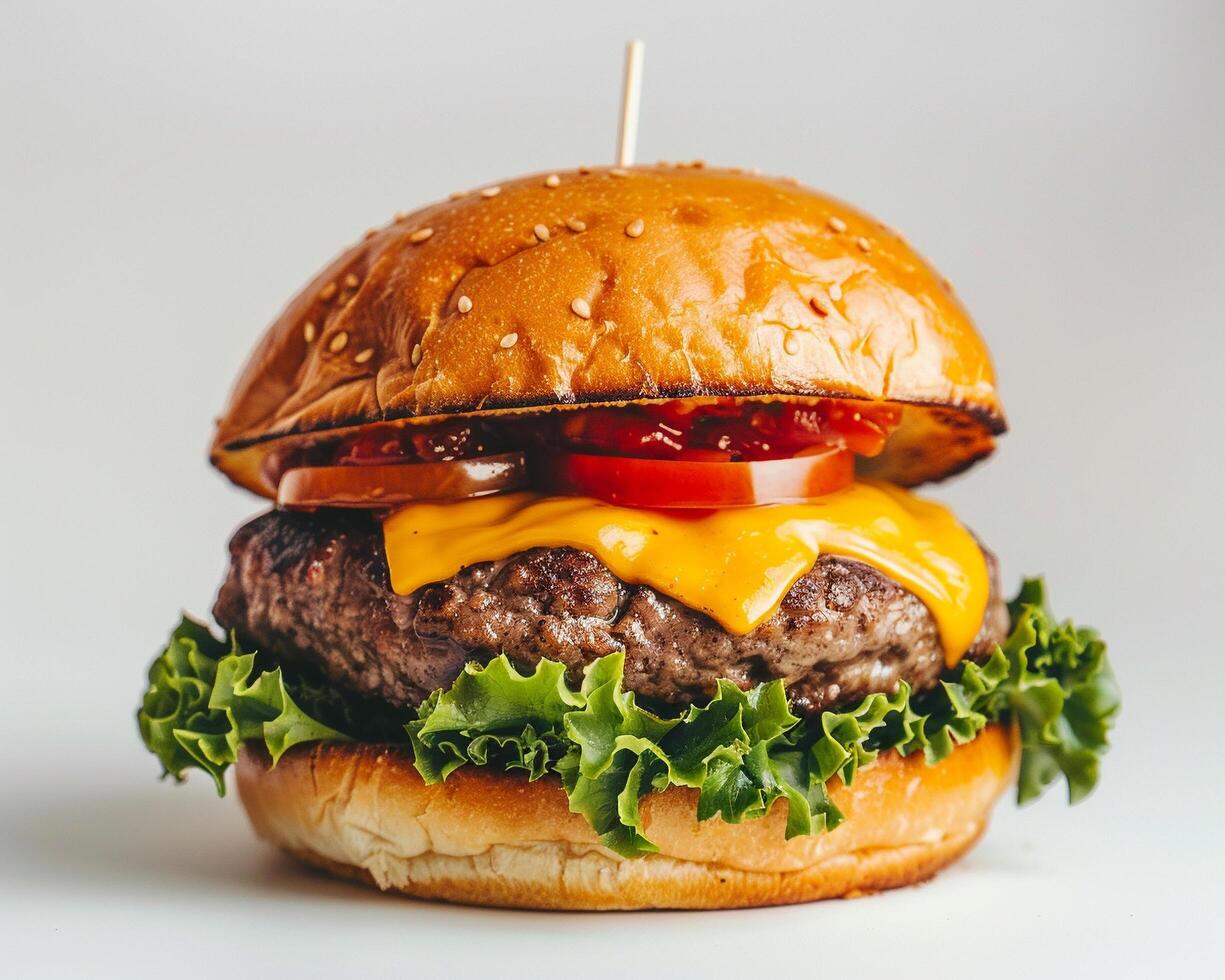 a close up of a cheeseburger with lettuce and tomato photo
