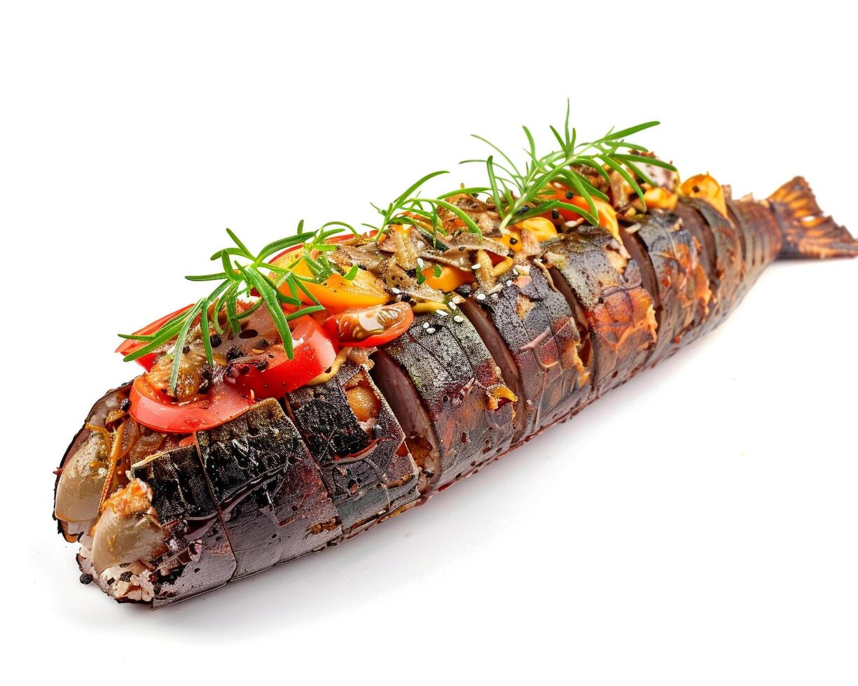 a long, black, stuffed lobster with vegetables photo