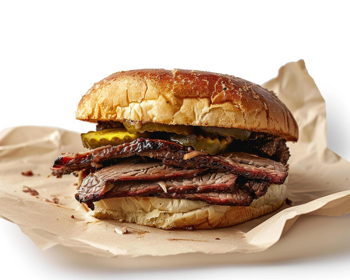 a beef sandwich on a paper wrapper photo