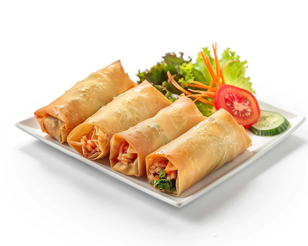 a plate with several spring rolls on it photo
