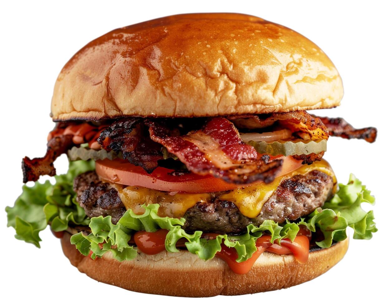 a hamburger with bacon, lettuce and tomato photo