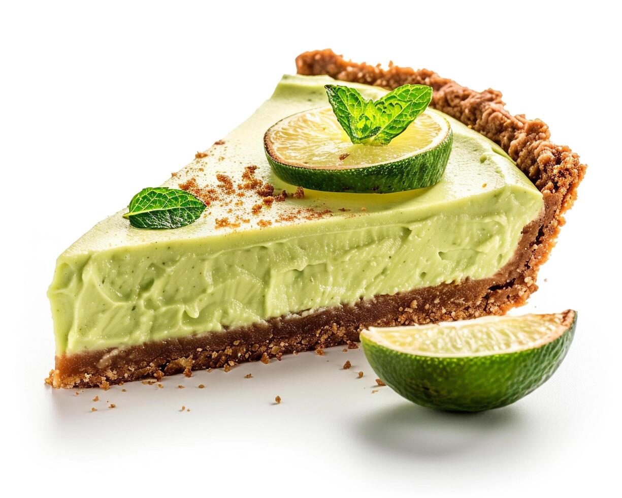 a slice of lime pie with a lime wedge photo