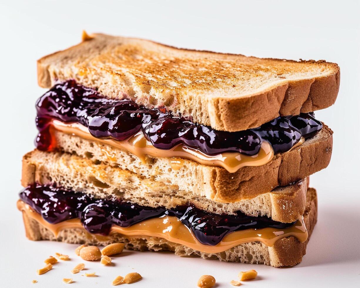 a sandwich with peanut butter and jelly on top photo