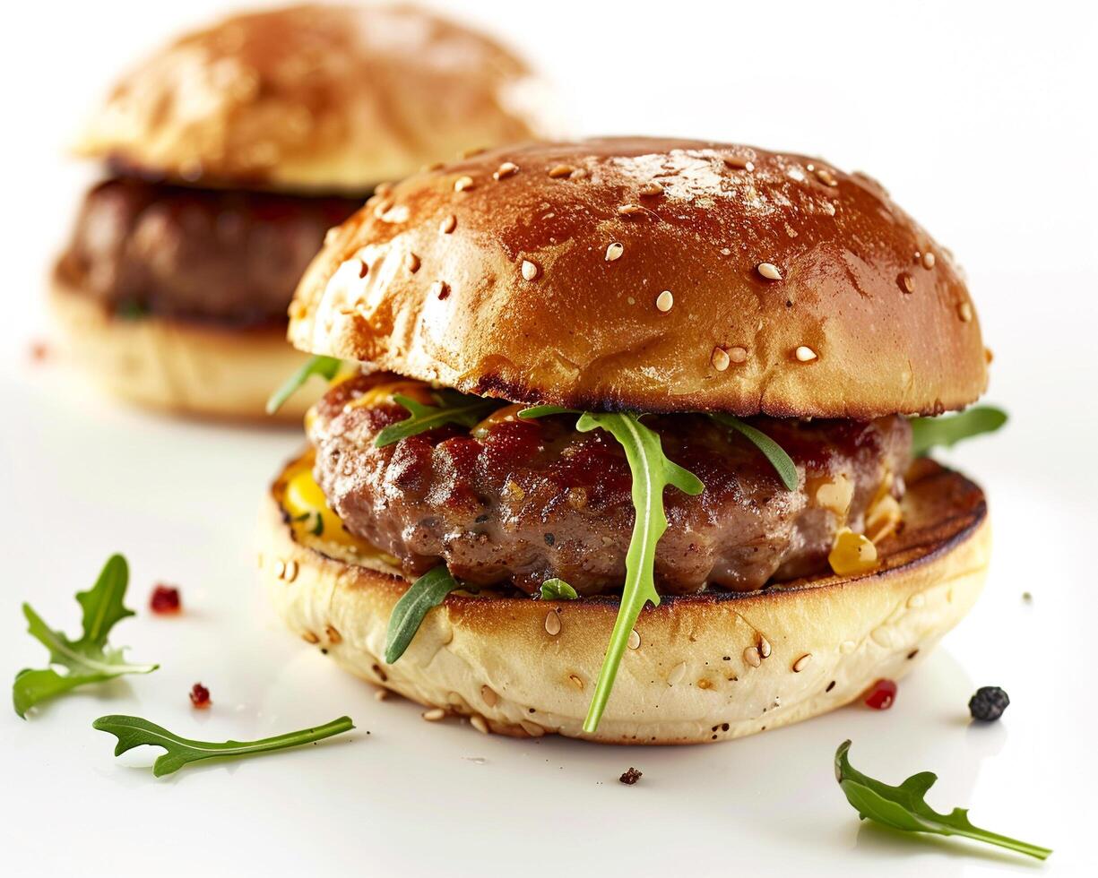 two hamburgers with cheese and herbs on a white surface photo