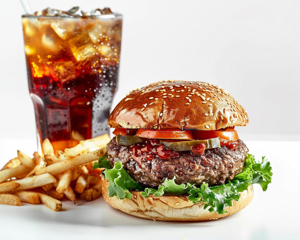 a burger and fries on a white plate photo