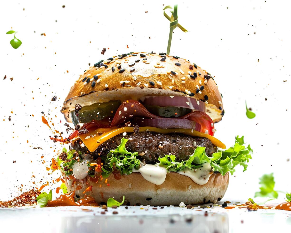 a hamburger with toppings is being sprayed with water photo
