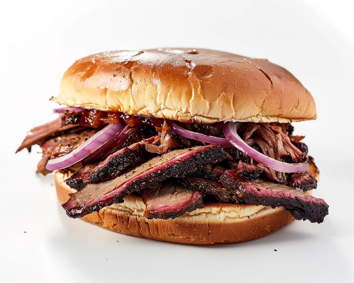 a bbq sandwich with meat and onions on a white background photo