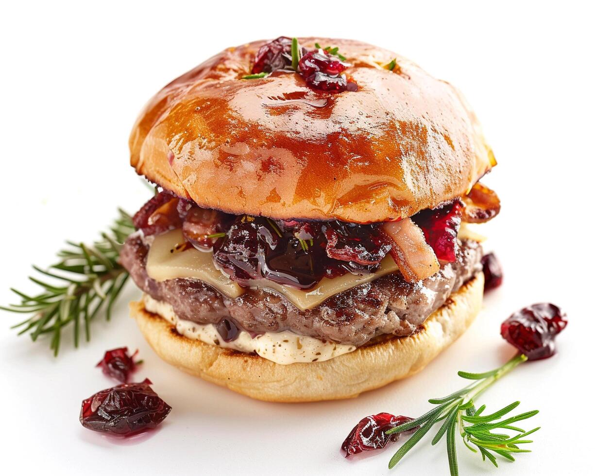 a hamburger with cranberries and cheese photo