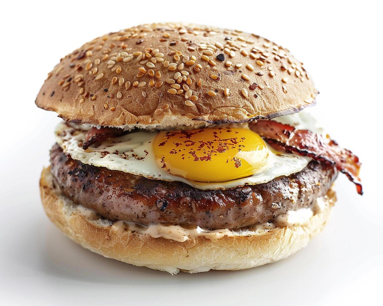 a hamburger with an egg on top photo
