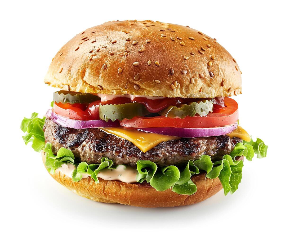 a hamburger with lettuce, tomato, onion and cheese photo