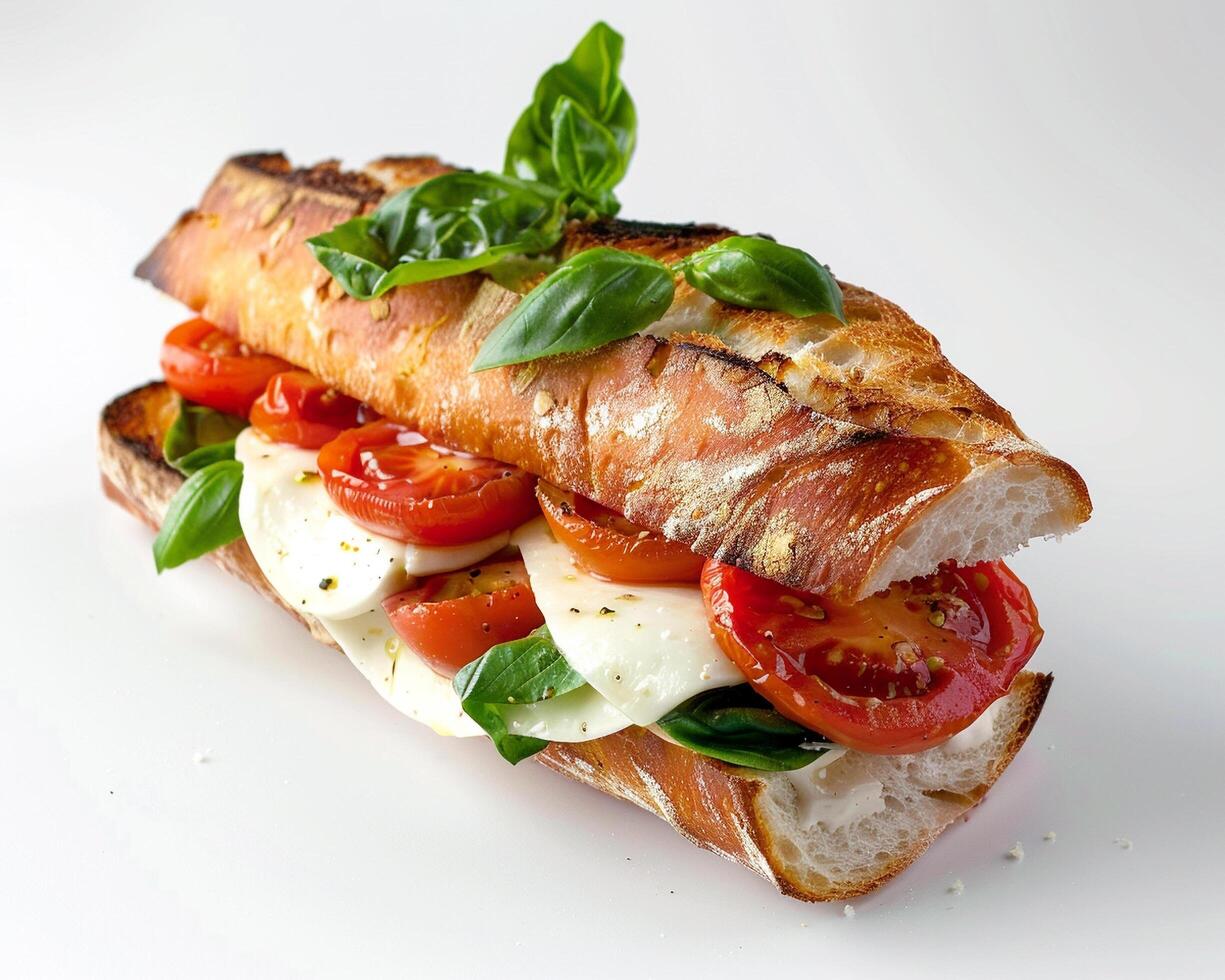 a sandwich with tomatoes, mozzarella, and basil photo