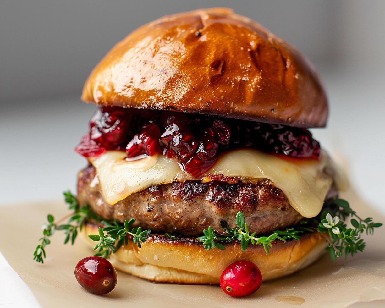 a hamburger with cranberry sauce and cheese photo