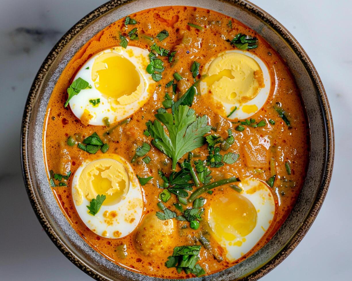 a bowl of curry with eggs and parsley photo