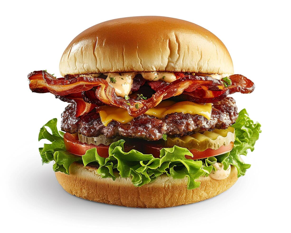 a hamburger with bacon and lettuce photo