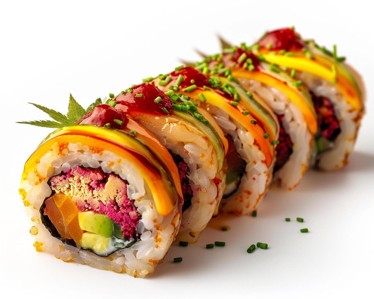 a sushi roll with different colors on it photo